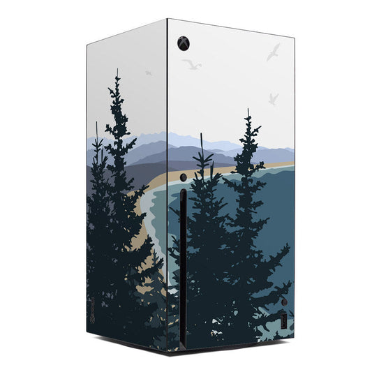 Xbox Series X console skin with mountain, lake, and pine tree landscape design