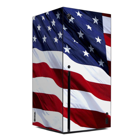 American flag Xbox Series X console skin with blue star field and red white stripes