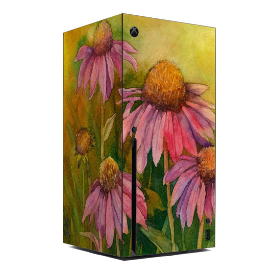 Xbox Series X skin with watercolor prairie coneflowers in pink, purple, and green
