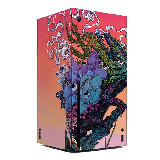 Xbox Series X console skin with colorful monster and purple-blue figures on pink