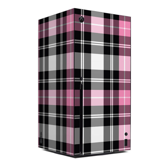 Pink plaid Xbox Series X console skin with black and white grid lines