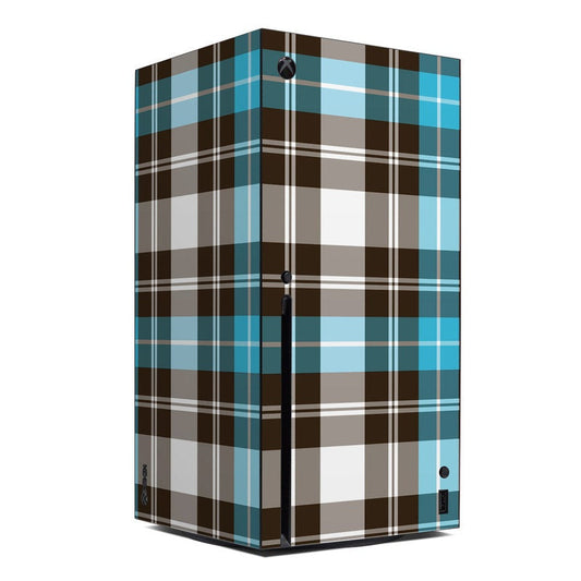 Xbox Series X console skin with turquoise and brown plaid pattern and Xbox logo