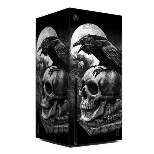 Xbox Series X console skin with raven and skull artwork, black and gray.