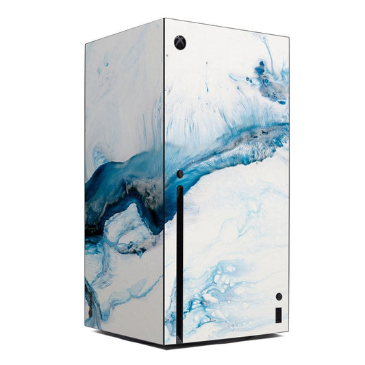 Xbox Series X skin with white and blue marble pattern, full-console wrap