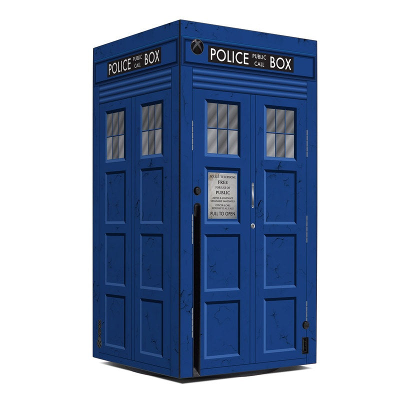 Blue police box Xbox Series X skin with front doors and windows