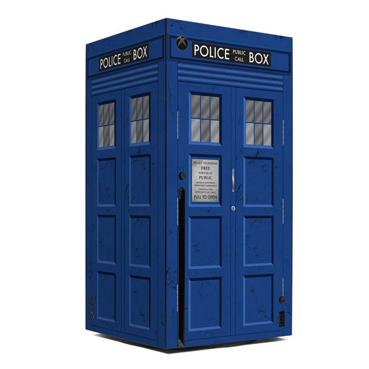 Blue police box Xbox Series X skin with front doors and windows