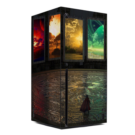 Xbox Series X console skin with colorful portal-themed artwork and geometric panel design