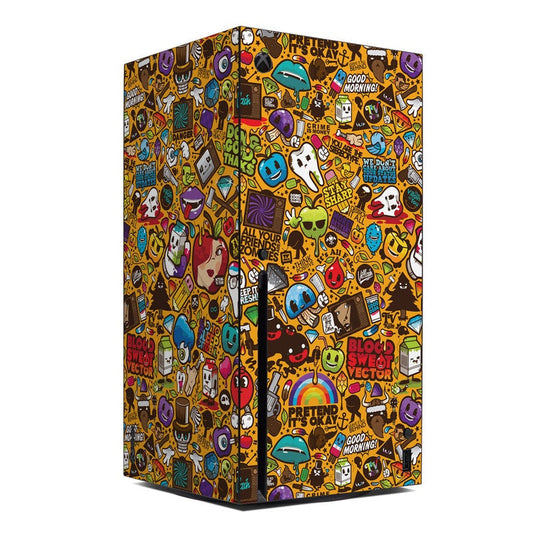 Colorful graffiti-style Xbox Series X console skin with cartoon symbols and faces