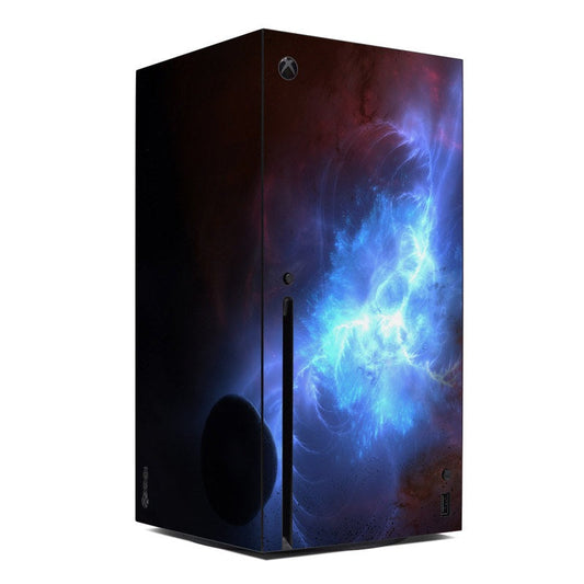 Xbox Series X console skin with blue and purple abstract flame design