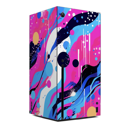 Xbox Series X console skin with bright pink, blue abstract dots and splash artwork