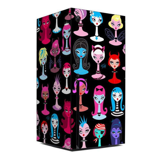 Xbox Series X skin with punky goth dollies graphic pattern, pink/blue on black.