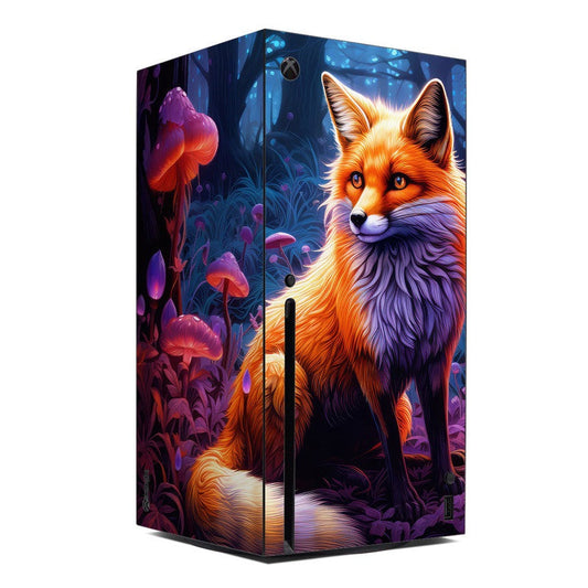 Xbox Series X skin with radiant fox graphic in orange and purple.