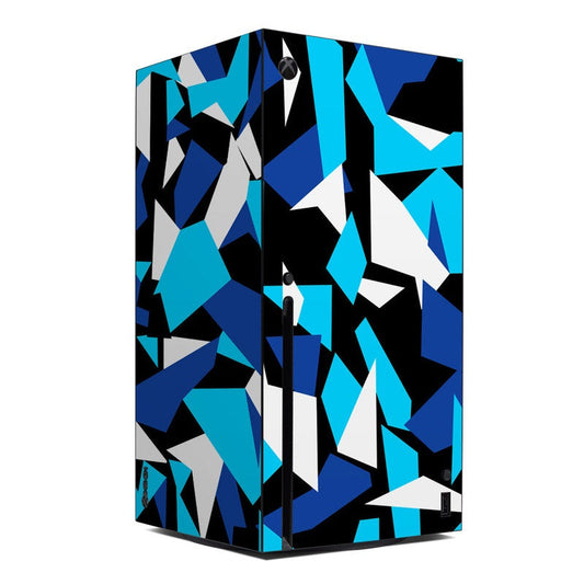 Xbox Series X console skin with blue, black, and white geometric abstract pattern