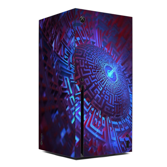 Xbox Series X console skin with neon blue and purple geometric circuit pattern