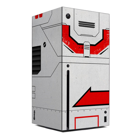 Xbox Series X console skin with red and gray geometric design and vent accents