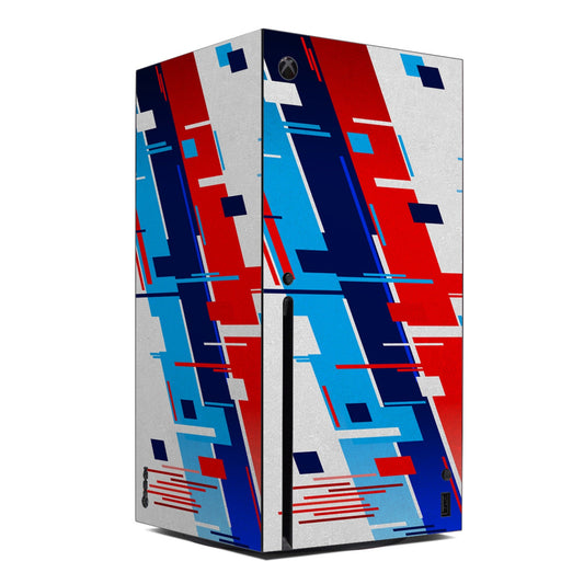 Microsoft Xbox Series X skin with red, blue, and white geometric abstract wrap