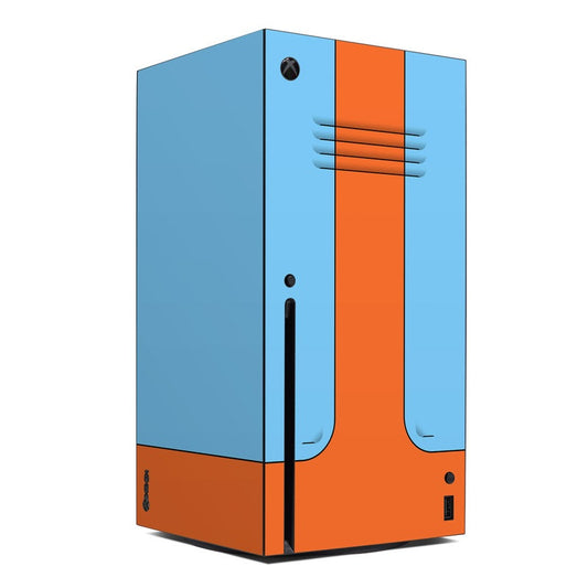 Xbox Series X console skin with retro racer blue and orange panel design