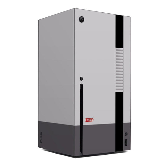 Xbox Series X skin with retro horizontal gray and black panels, vent stripes, and red Retro logo.