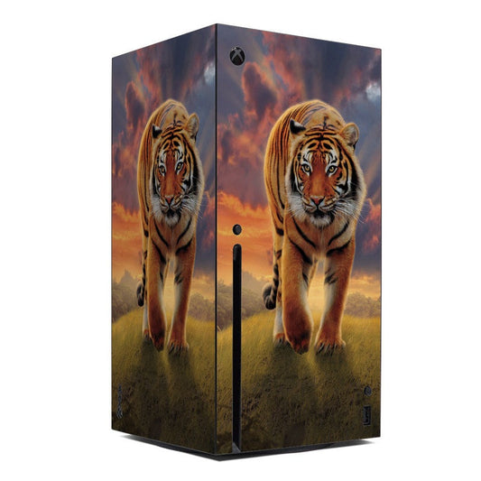 Xbox Series X skin with roaring tiger artwork across full console panels