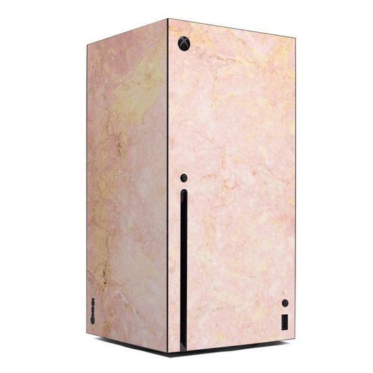 Rose gold marble Xbox Series X console skin wrap with black port and logo cutouts