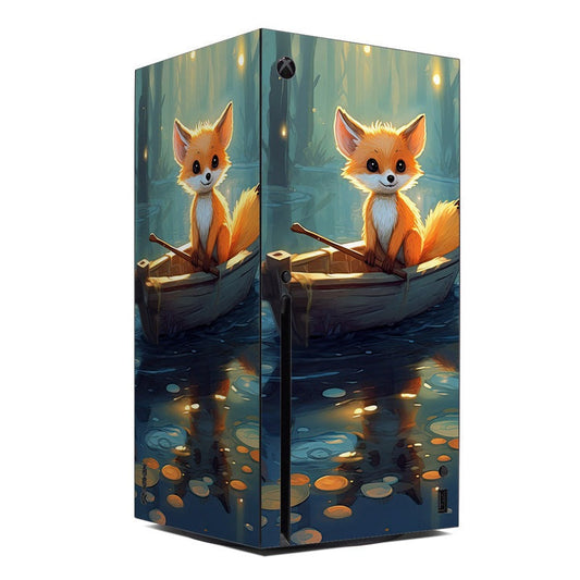 Xbox Series X skin with orange fox in a boat among glowing coins and forest lights