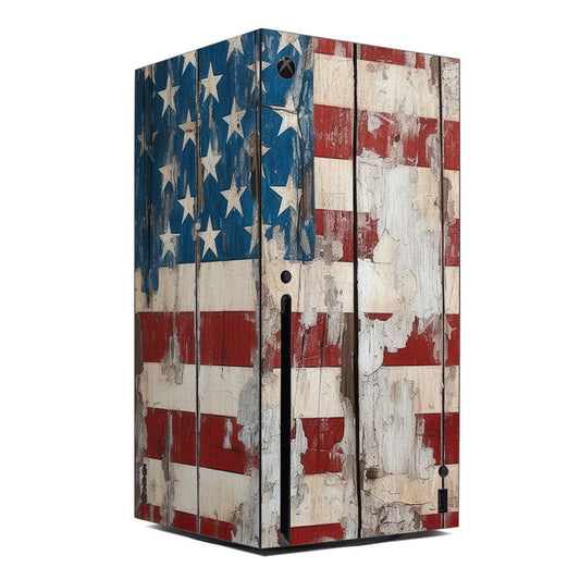 Xbox Series X skin with distressed American flag design, blue stars and red stripes