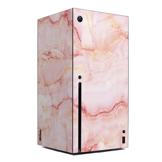 Xbox Series X console skin with pink marble satin finish and cutouts for ports