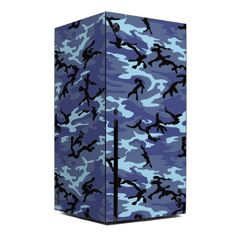 Xbox Series X skin with blue sky camo camouflage pattern and black controller port cutout