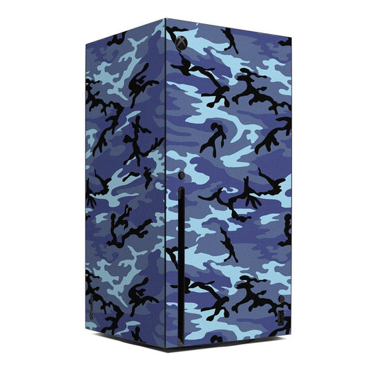 Xbox Series X skin with blue sky camo camouflage pattern and black controller port cutout