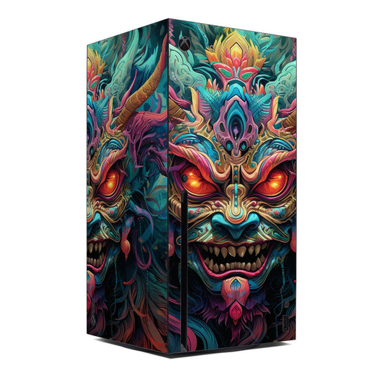 Xbox Series X console skin with colorful sea demon artwork, teal and gold details.
