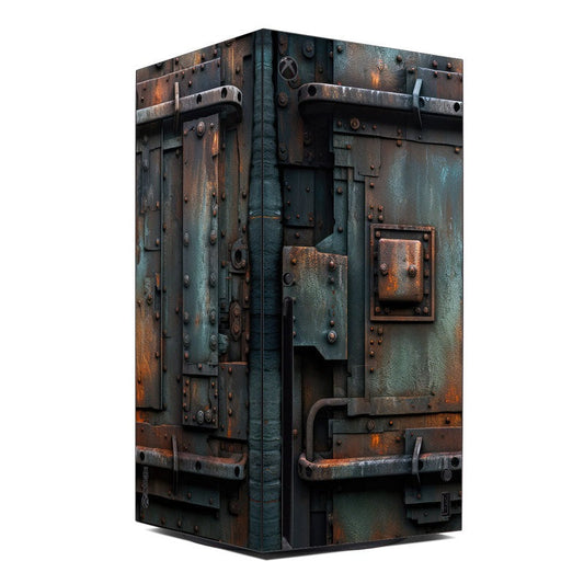 Xbox Series X console skin with dark blue-green metal panels, rivets, and rust-orange accents