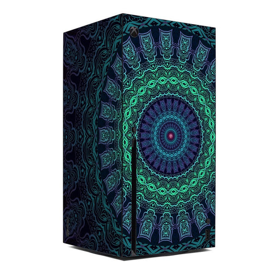 Xbox Series X skin with teal and blue mandala pattern