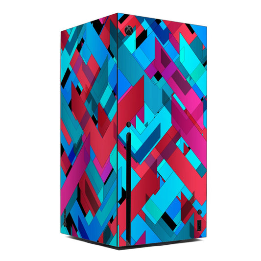 Xbox Series X skin with bold geometric graffiti-style pattern in blue, red, and black