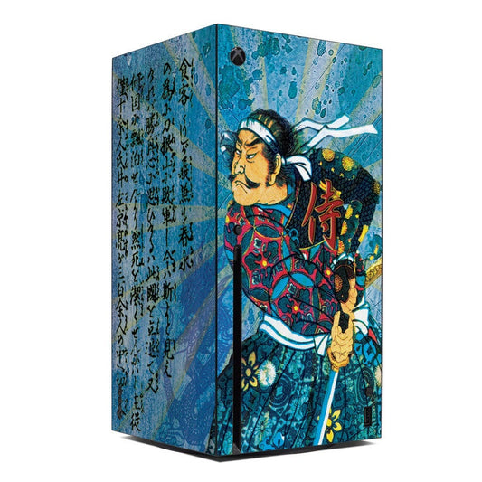 Xbox Series X console skin with blue samurai warrior artwork and Japanese characters