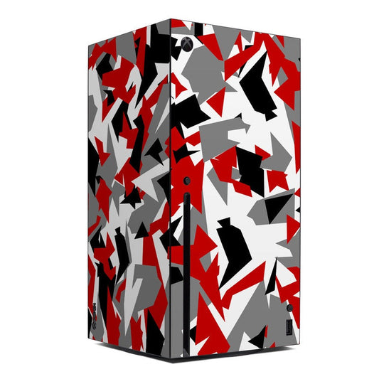 Xbox Series X console skin with red, black, and gray geometric abstract pattern