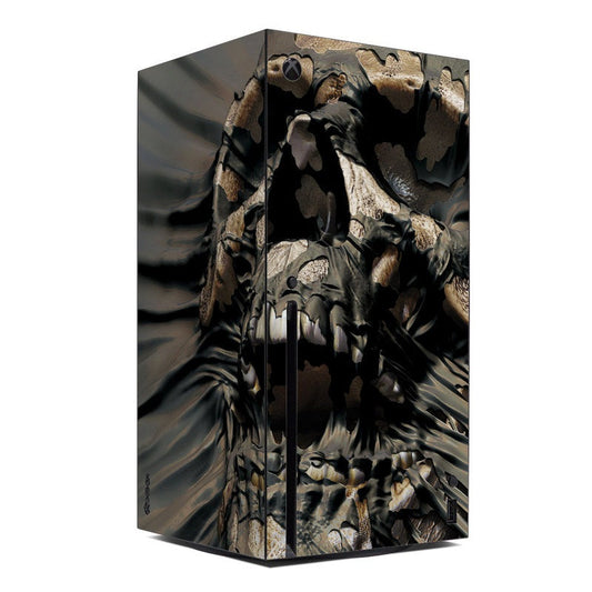 Xbox Series X skin wrap with dark skull and bone graphic, cutout panels.