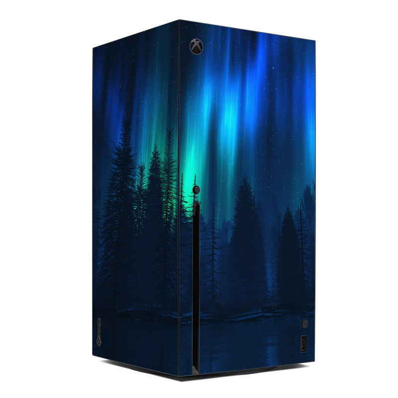 Xbox Series X console skin with blue aurora sky and pine tree silhouettes