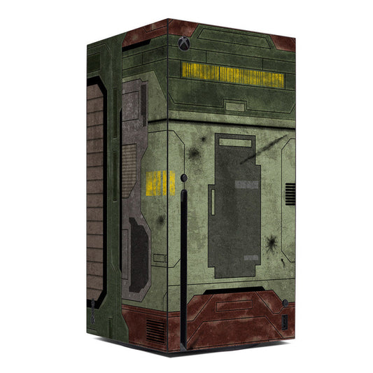 Xbox Series X console skin with green, brown sci-fi armor panel graphics