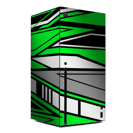 Xbox Series X console skin with green, black and gray racing stripe graphic