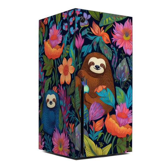 Xbox Series X console skin with colorful sloth and floral pattern
