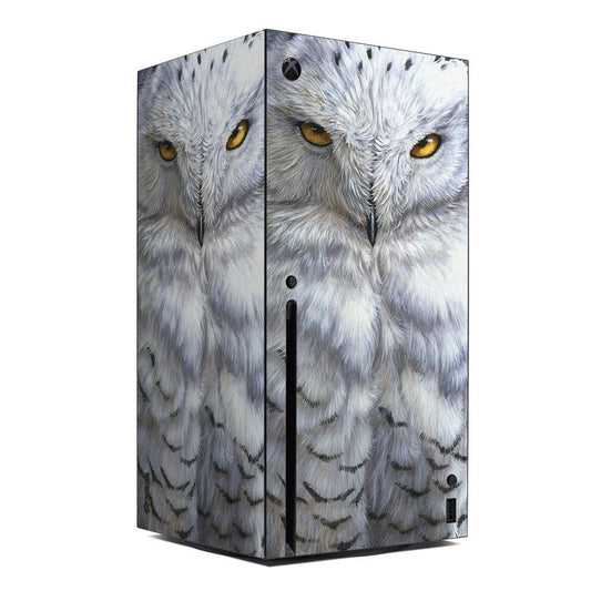 Snowy owl patterned Xbox console skin with white and gray feathers and yellow eyes