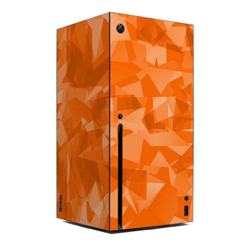 Xbox Series X console skin with orange geometric polygon pattern and black accents