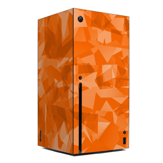 Xbox Series X console skin with orange geometric polygon pattern and black accents