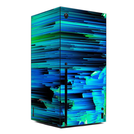 Xbox Series X console skin with blue-green streaked space race graphic and Xbox logo