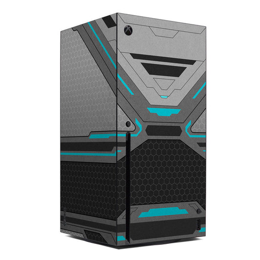 Xbox Series X skin with geometric gray, black, and teal accent design and Xbox logo