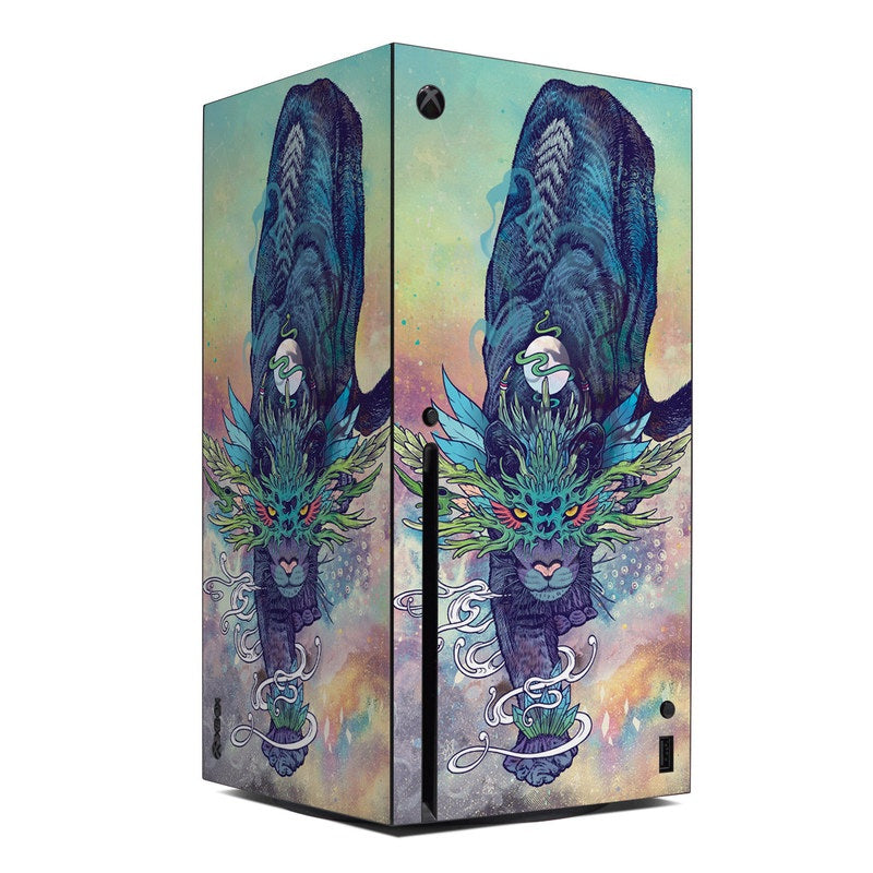 Xbox Series X skin featuring spectral cat graphic in blue, teal, and purple.