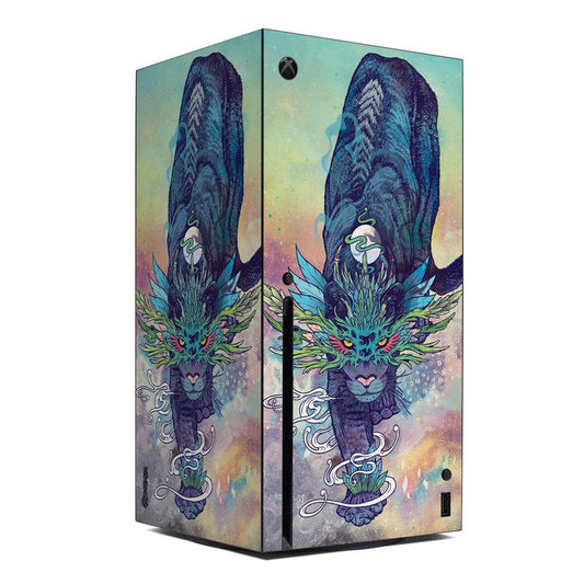 Xbox Series X skin featuring spectral cat graphic in blue, teal, and purple.