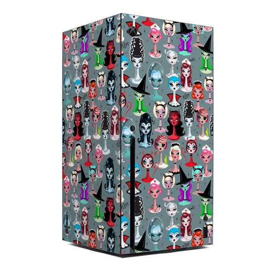 Xbox Series X console skin with spooky doll and cat character pattern, teal and black