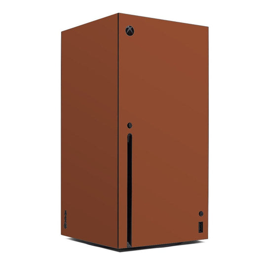 Xbox Series X skin, cinnamon-brown matte with Xbox logo and vertical port cutout