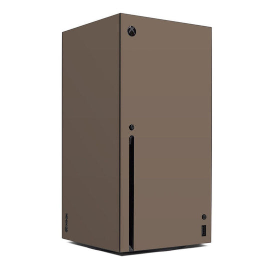 Xbox Series X console skin, flat dark earth brown with Xbox logo and port cutouts